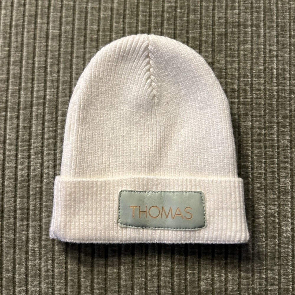 New Caden Lane White Knit Newborn Beanie with Personalized Name Patch